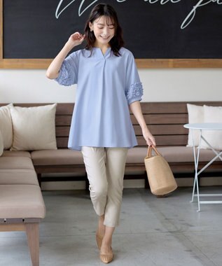 Tiaclasse L 【洗える】フリル付きパフスリーブチュニック サックス