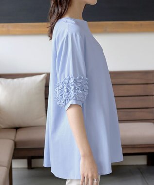 Tiaclasse L 【洗える】フリル付きパフスリーブチュニック サックス