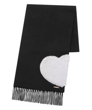 MOONBAT 【WEB限定】フルラ (FURLA)エコファー付きマフラー 無地×ハート　ウールマフラー ロゴプレート付き ブラック