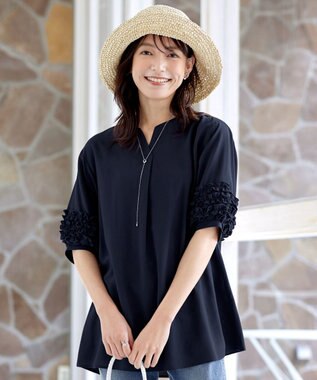 Tiaclasse L 【洗える】フリル付きパフスリーブチュニック ネイビー