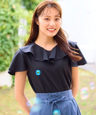 Feroux 【洗える・汗ジミが目立たない】ラッフル襟Tシャツ ブラック系