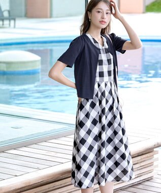 Tiaclasse 【袖が選べる・洗える】大柄ギンガムチェックワンピース ノースリーブ：ブラック