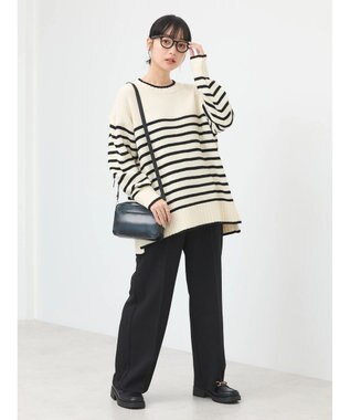 earth music&ecology ウォッシャブル脇スリットクルーネックプルオーバー Border Ivory