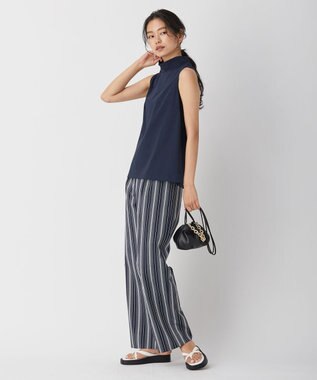 ICB 【洗える】 コットンナイロンドビーストライプ ワイドストレートパンツ ネイビー系