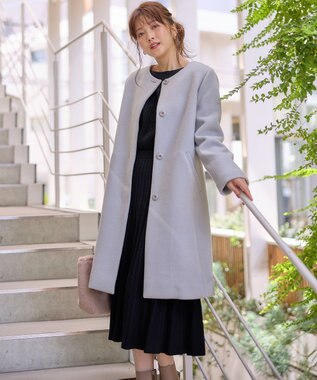 ANY SIS ファインウールモッサ ノーカラーコート 【WEB・一部店舗限定】ライトブルー