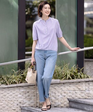 J.PRESS LADIES S 【洗える】アセVisギンガム バンドカラー ブラウス ラベンダー系