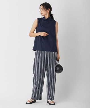 ICB 【洗える】 コットンナイロンドビーストライプ ワイドストレートパンツ ネイビー系