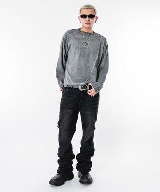 WEGO 【ユニセックス着用ITEM】シャーリングフレアデニムスキニーパンツ デニムブラックソノタ