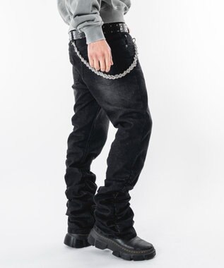 WEGO 【ユニセックス着用ITEM】シャーリングフレアデニムスキニーパンツ デニムブラックソノタ