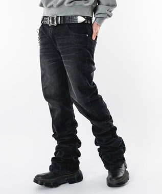 WEGO 【ユニセックス着用ITEM】シャーリングフレアデニムスキニーパンツ デニムブラックソノタ