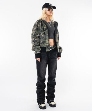 WEGO 【ユニセックス着用ITEM】シャーリングフレアデニムスキニーパンツ デニムブラックソノタ