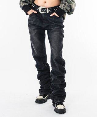 WEGO 【ユニセックス着用ITEM】シャーリングフレアデニムスキニーパンツ デニムブラックソノタ