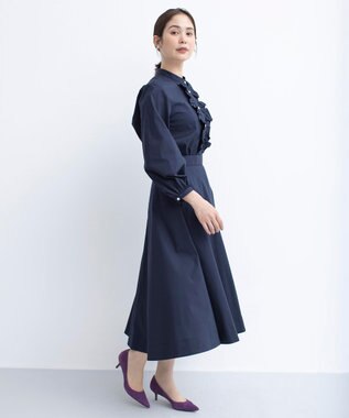組曲 コンパクトシャーティング フリルブラウス ネイビー系