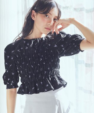 earth music&ecology 花柄ポコポコシャーリングトップス Black