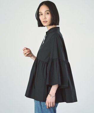 UNFILO コットンブロード フリルネックシャツ ブラック