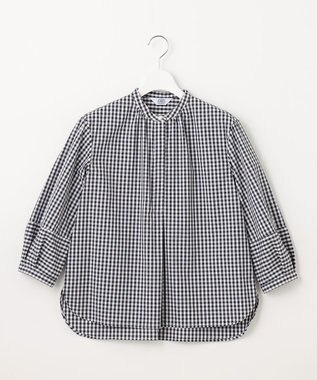 J.PRESS LADIES 【洗える・接触冷感・UVカット】エステネージュストライプ バンドカラーブラウス ホワイト×ネイビーギンガム系3