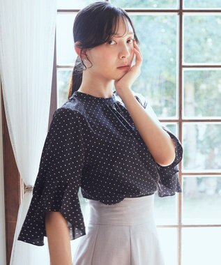 earth music&ecology フリル７分袖ブラウス Dot Black