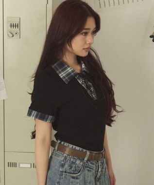 WEGO シャツカラーレイヤードSSトップ ブラック