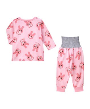 MIKI HOUSE HOT BISCUITS 【80-120cm】 キャビットフェイスプリント 腹巻き付き長袖パジャマ ピンク