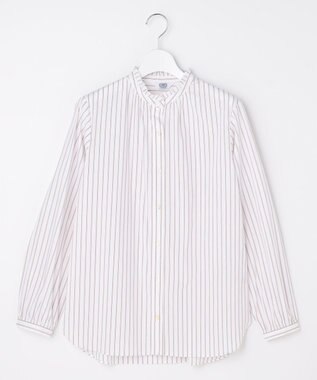 J.PRESS LADIES S BEZコットンナイロン ストライプ フリル襟 ブラウス ホワイト×ピンク×ネイビー系