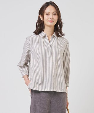 J.PRESS LADIES リネンMIX ストライプ スッキパー ブラウス ブラウンストライプ系