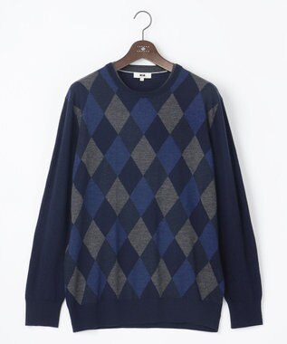 JOSEPH ABBOUD 【キングサイズ・滑らかな肌触り/洗える】 エクストラファインメリノアーガイルクルーネック  ニット ネイビー系7