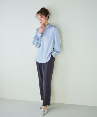 #Newans 【ストレッチ】〈花乃まりあさんコラボ〉ハイネックブラウス サックス