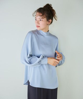 #Newans 【ストレッチ】〈花乃まりあさんコラボ〉ハイネックブラウス サックス