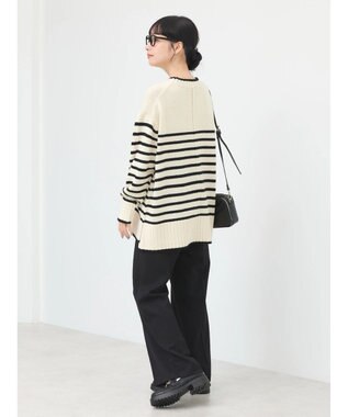 earth music&ecology ウォッシャブル脇スリットクルーネックプルオーバー Border Ivory