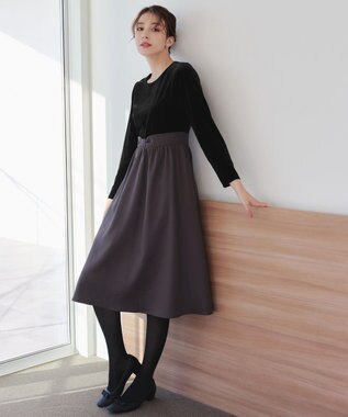 Tiaclasse 【洗える】ベロア異素材ドッキングワンピース ブラック×チャコールグレー