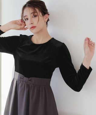 Tiaclasse 【洗える】ベロア異素材ドッキングワンピース ブラック×チャコールグレー