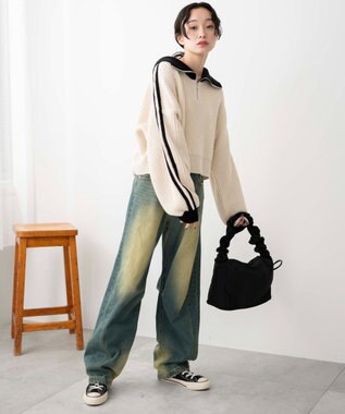 WEGO 2ラインハーフジップニットプルオーバー ホワイトアイボリー