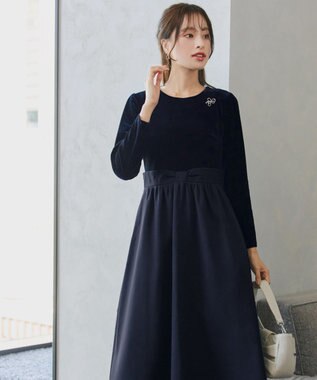 Tiaclasse 【洗える】ベロア異素材ドッキングワンピース ネイビー