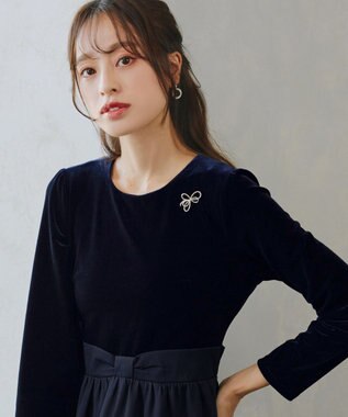 Tiaclasse 【洗える】ベロア異素材ドッキングワンピース ネイビー