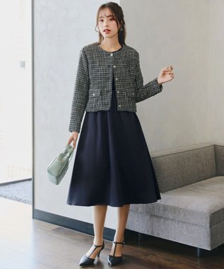 Tiaclasse 【洗える】ベロア異素材ドッキングワンピース ネイビー