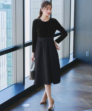 Tiaclasse 【洗える】ベロア異素材ドッキングワンピース ブラック