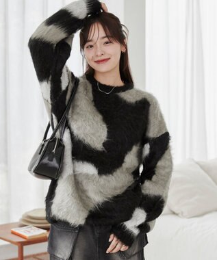 WEGO 【ユニセックス着用ITEM】マーブルシャギーニットプルオーバー ブラック