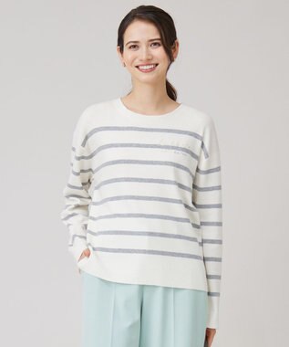 自由区 【洗える】コットンウールハイゲージボーダー ニット エクリュ×ライトグレー