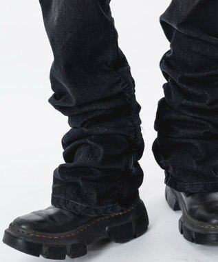 WEGO 【ユニセックス着用ITEM】シャーリングフレアデニムスキニーパンツ デニムブラックソノタ