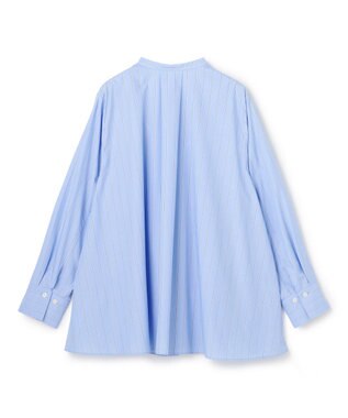 UNFILO L バンドカラー タックブラウス ブルーストライプ