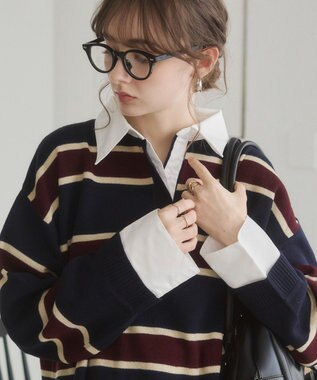 WEGO 【ANGIE VINTAGE】シャツ襟 ドッキング　フェイクレイヤード ニット トップス ブルーボーダー