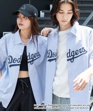 WEGO 【ユニセックス着用ITEM】別注MLBストライプグラフィックシャツ（SS） ブルーストライプ