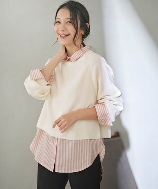 ANY SIS 【BAILA12月号掲載・貴島明日香さんコラボ】ニットレイヤード シャツ ツインセット アイボリー×オレンジストライプ