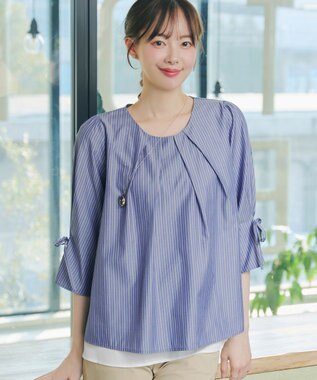 Tiaclasse L ストライプリボンレイヤードブラウス