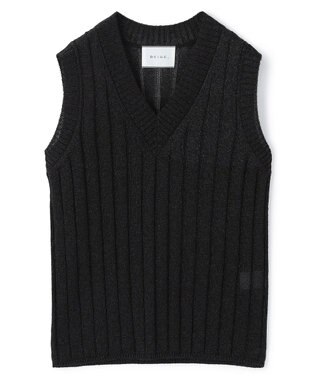 BEIGE， OPTICAL /  ペーパーヤーン Vネックリブニット Black