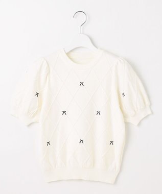 Feroux 【洗える】リボン刺繍ダイヤ柄 ニット ホワイト系