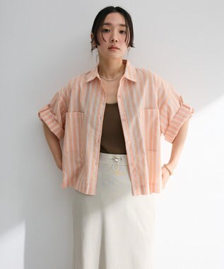 Green Parks 綿麻混５分袖ターンバックシャツ Orange