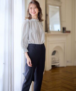 ANY SIS 【洗える】フェイクパールストライプ ブラウス グレーストライプ