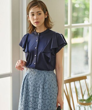 組曲 【UVケア】プレーティング天竺 パールボタンブラウス ネイビー系