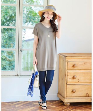 Tiaclasse L 【洗える】さらりと肌離れの良いフレンチスリーブニットチュニック モカ